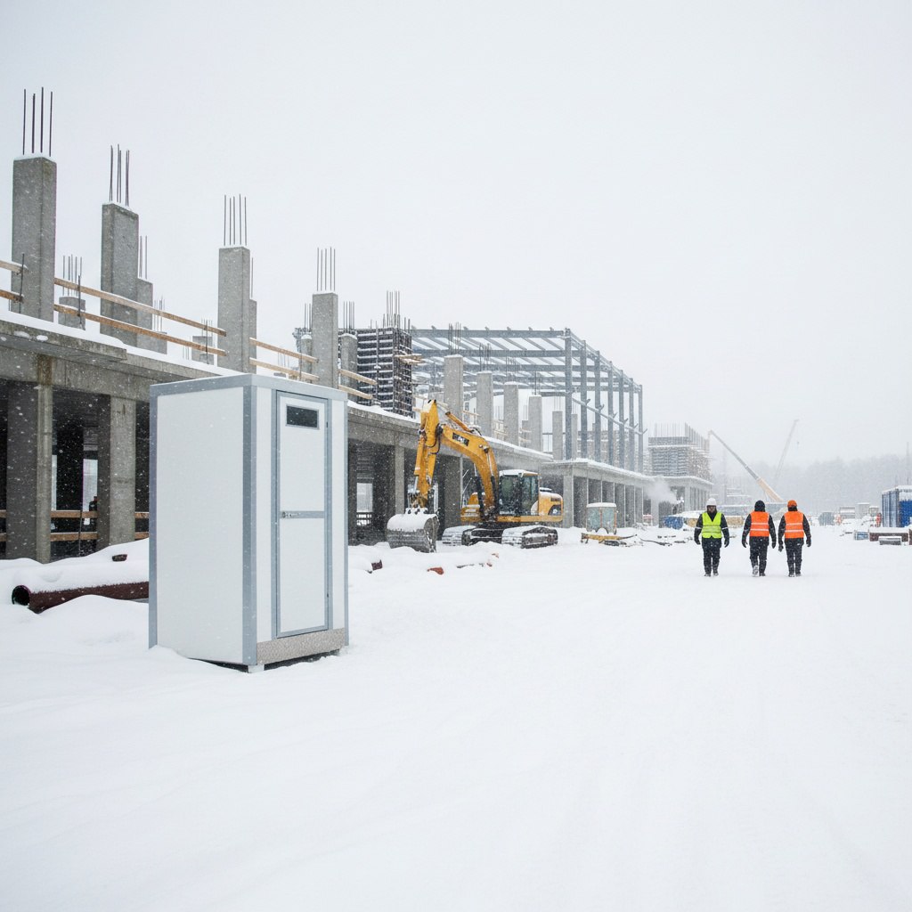 Утеплённая туалетная кабина Европа А на зимней стройплощадке